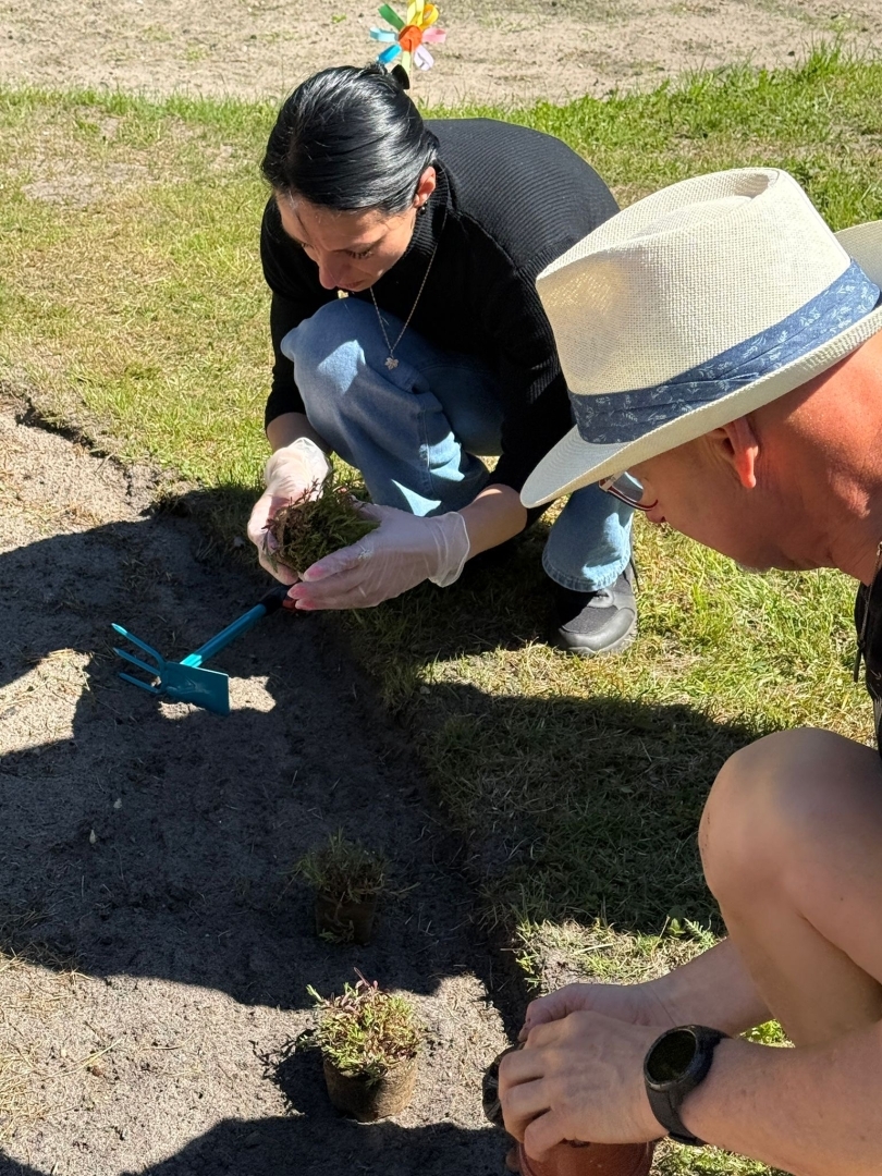 Muzeja darbinieki- Loerts un Dace stāda nektāraugus